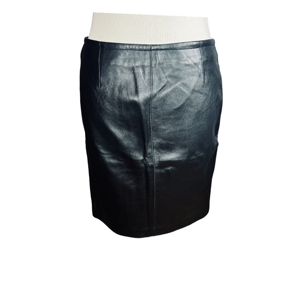 Express Genuine Leather Zip Front Mini Skirt Black 90s Y2K Office Siren Size 3/4 - Picture 6 of 8